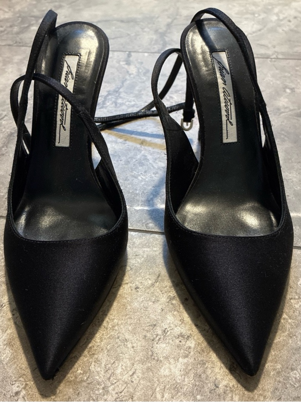 Brian Atwood Black Satin Pointed Toe Heels with Wrap Ankle Strap